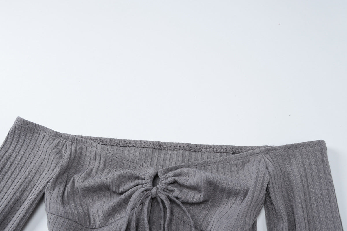 Women Autumn Sexy Off Shoulder Tie Long Sleeve Top and SkirtTwo Piece Set 9