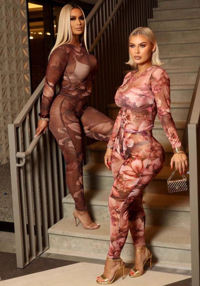 Autumn Winter Women's Hot Style Floral Print Sexy Round Neck Long Sleeve Tight-Fitting Pants Set