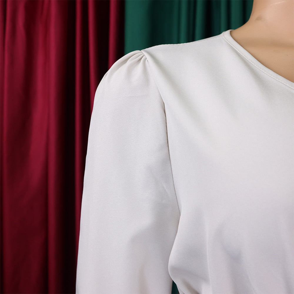 V-Neck Chic Elegant Slim Waist Belted Pleated High Waist Plus Size Dress 50