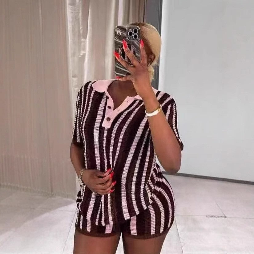 Fashion Striped Turndown Collar Short-Sleeve Top & Shorts Knit Set 4
