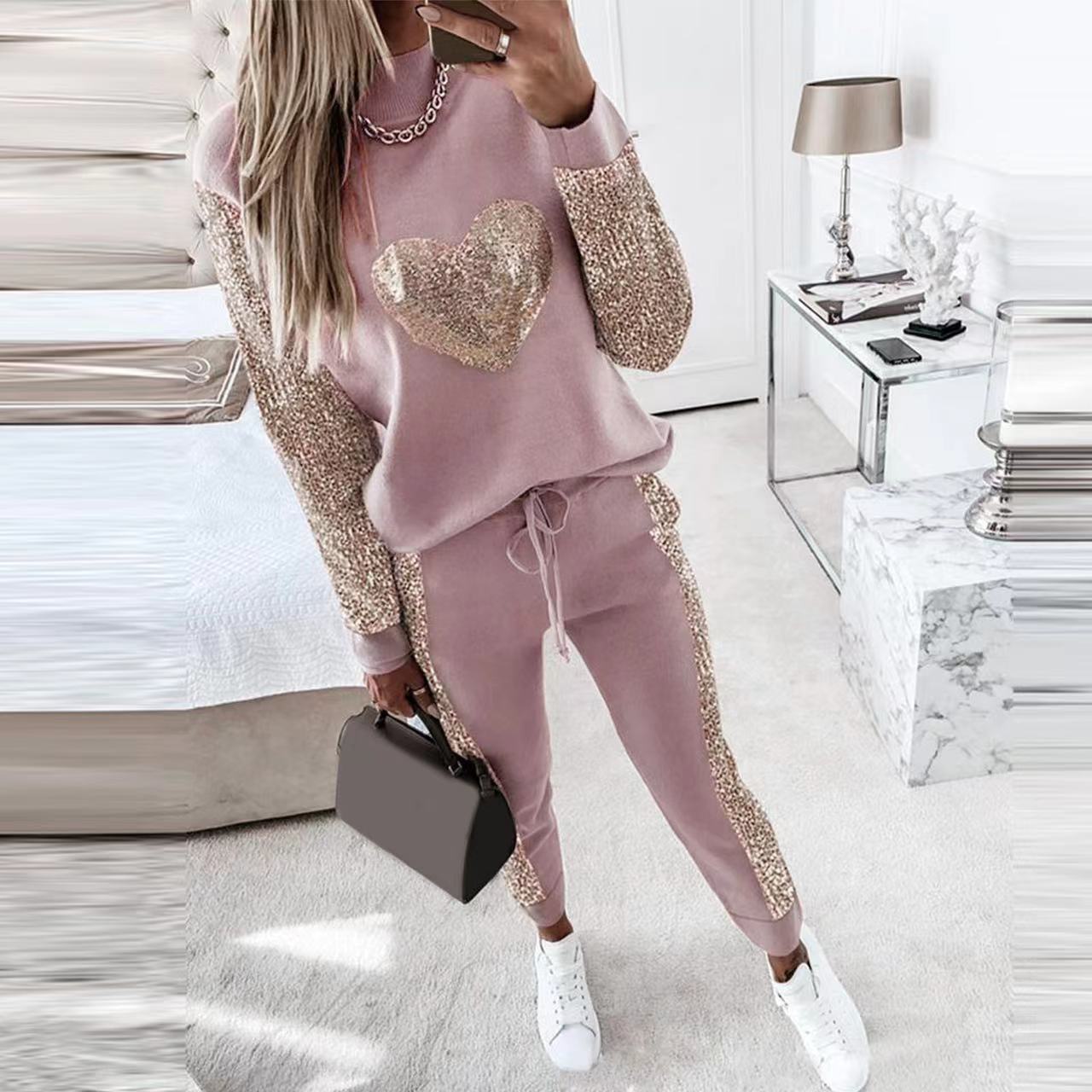 Women Heart Print Sequin Top and Pant Casual Two-piece Set