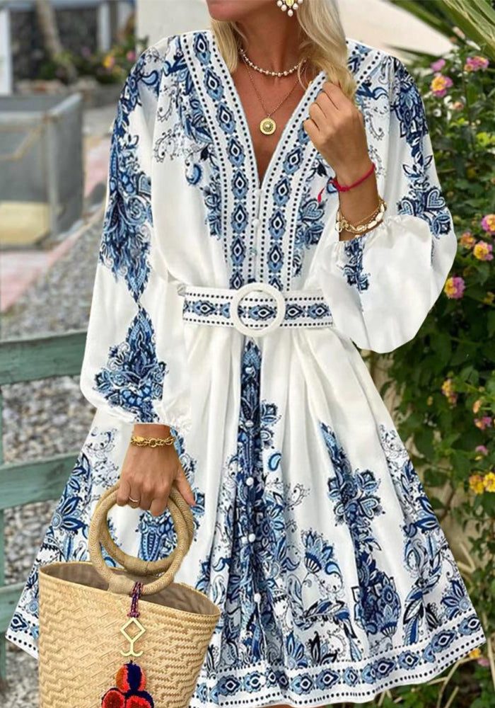 Autumn Women Fashion V-Neck Long Sleeve Bohemian Print Dress