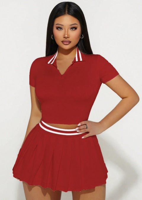 Women's Summer Skirt & Turndown Collar Short-Sleeve Top Two-Piece Set 7