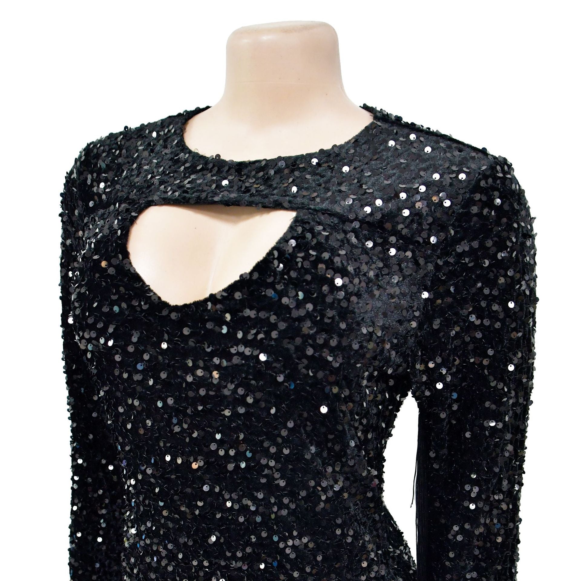 Women Solid Sequined Tassel Long Sleeve Dress 12