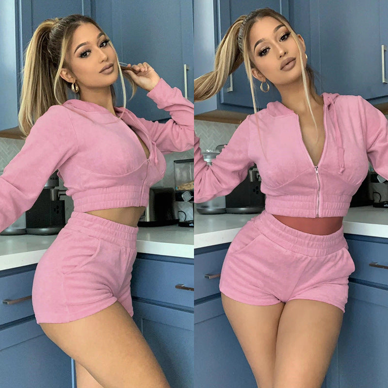 Women's Autumn Solid Velvet Hooded Long Sleeve Tight Fitting Two Piece Tracksuit 36