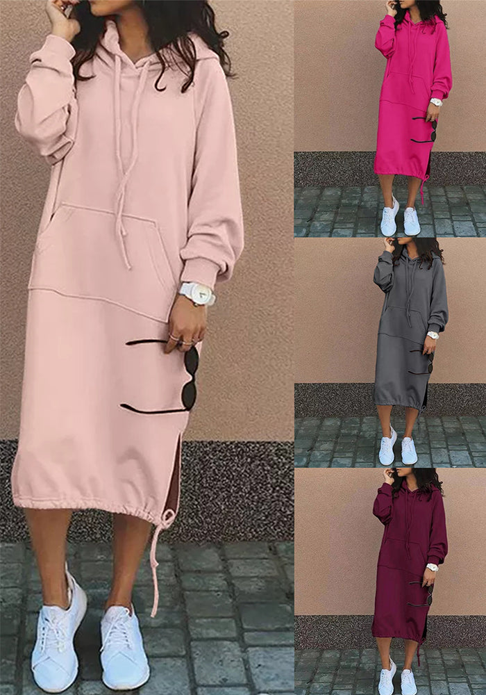 Plus Size Solid Color Long Hoodies Dress
