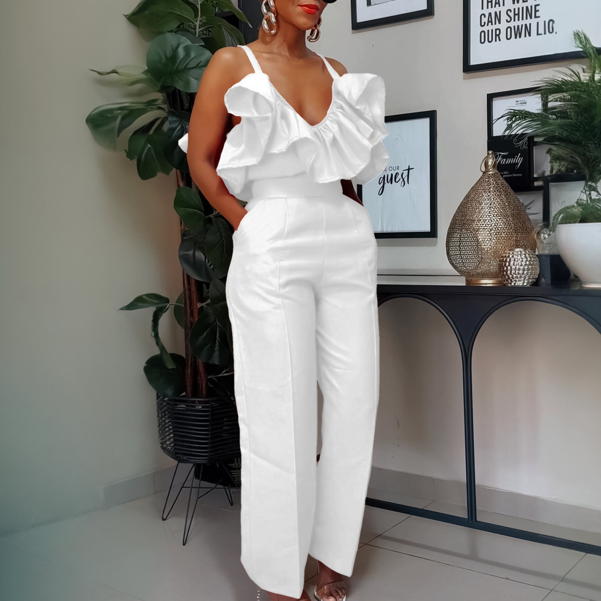 African Women summer v-neck ruffle suspender top trousers two-piece set 3