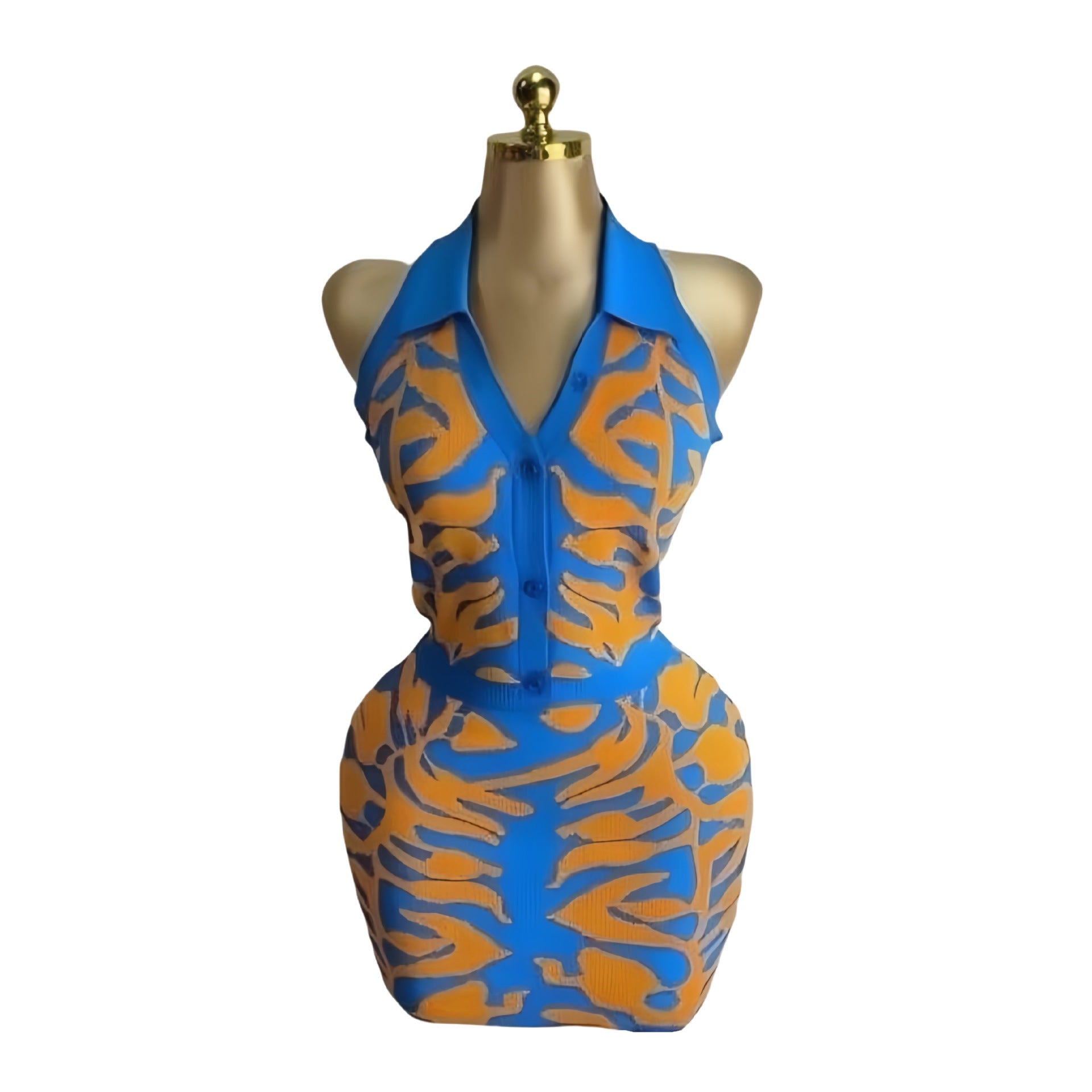 Women tiger print V-neck Halter neck backless top and bodycon skirt two-piece set 9