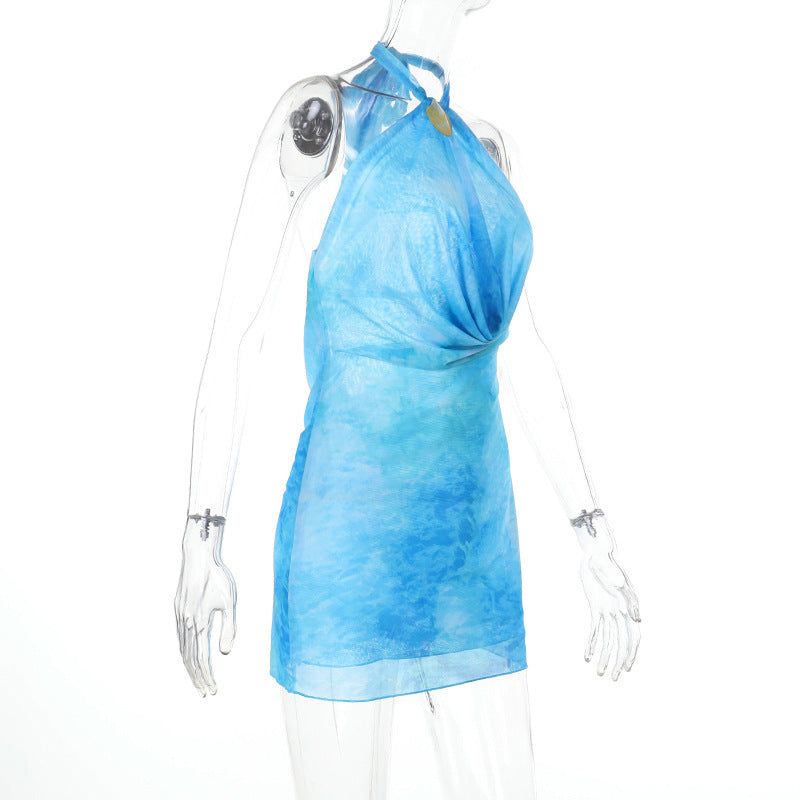 Women Halter Neck Hollow Hollow Holidays Mini Print Dress 6