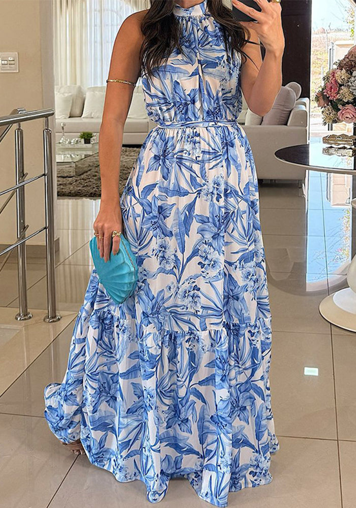 Women Spring Print Round Neck Sleeveless Dress