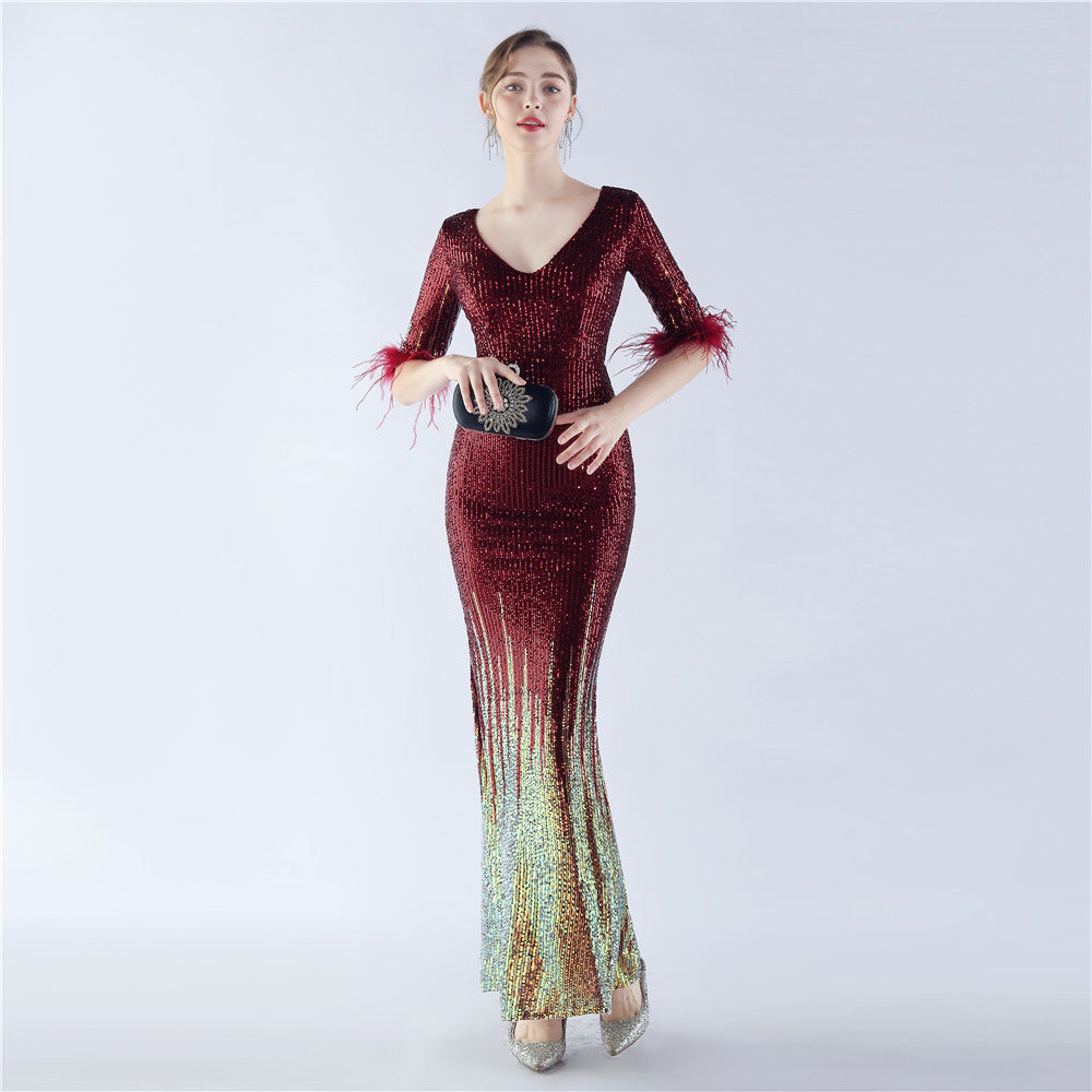 Women ostrich feather gradient sequin half-sleeve evening dress 8