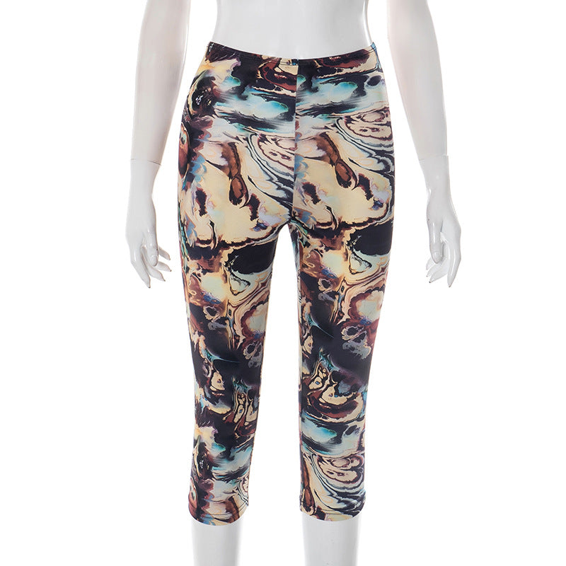 Women's Spring/Summer Print Elastic High-Waist Tight Slim Seven-Point Casual Pants 8