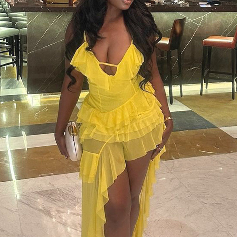 African Women Sexy Slit Ruffled Irregular Dress 5