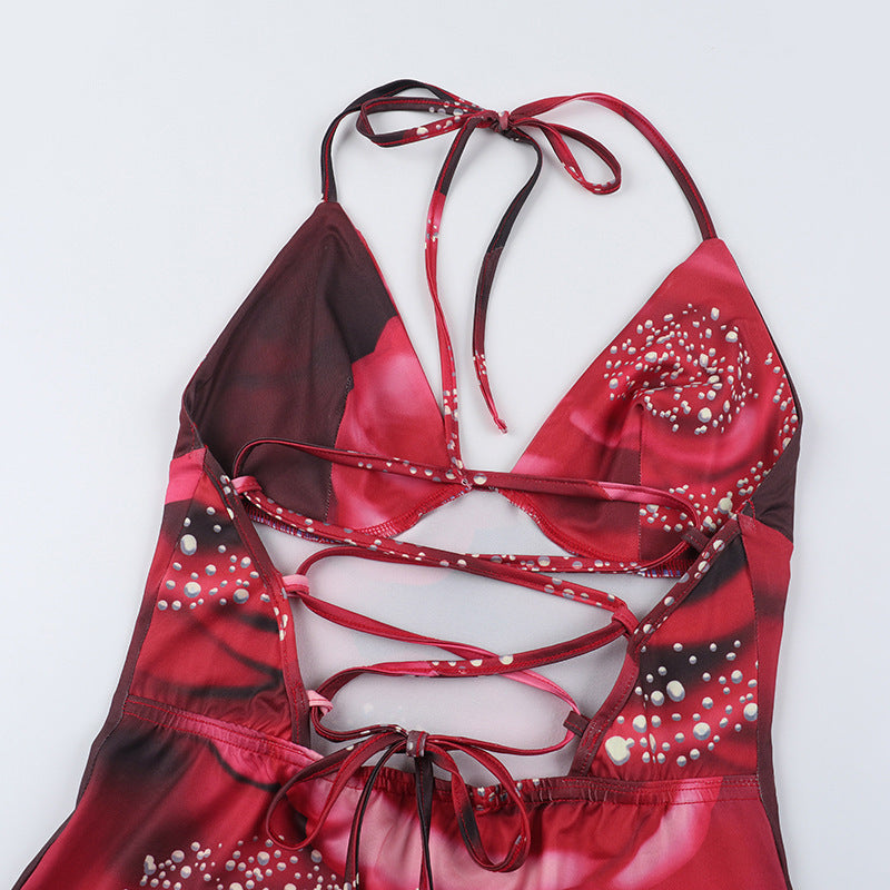 Sexy Low Back Lace-Up Slim Waist V-Neck Flower Print Strap Bodycon Dress 10