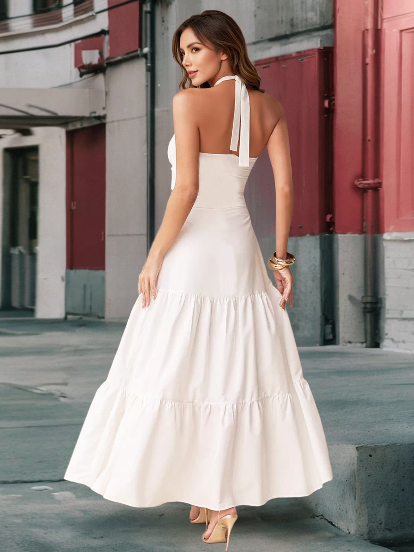 Women sexy suspender Halter Neck Cascading Ruffles Dress 7