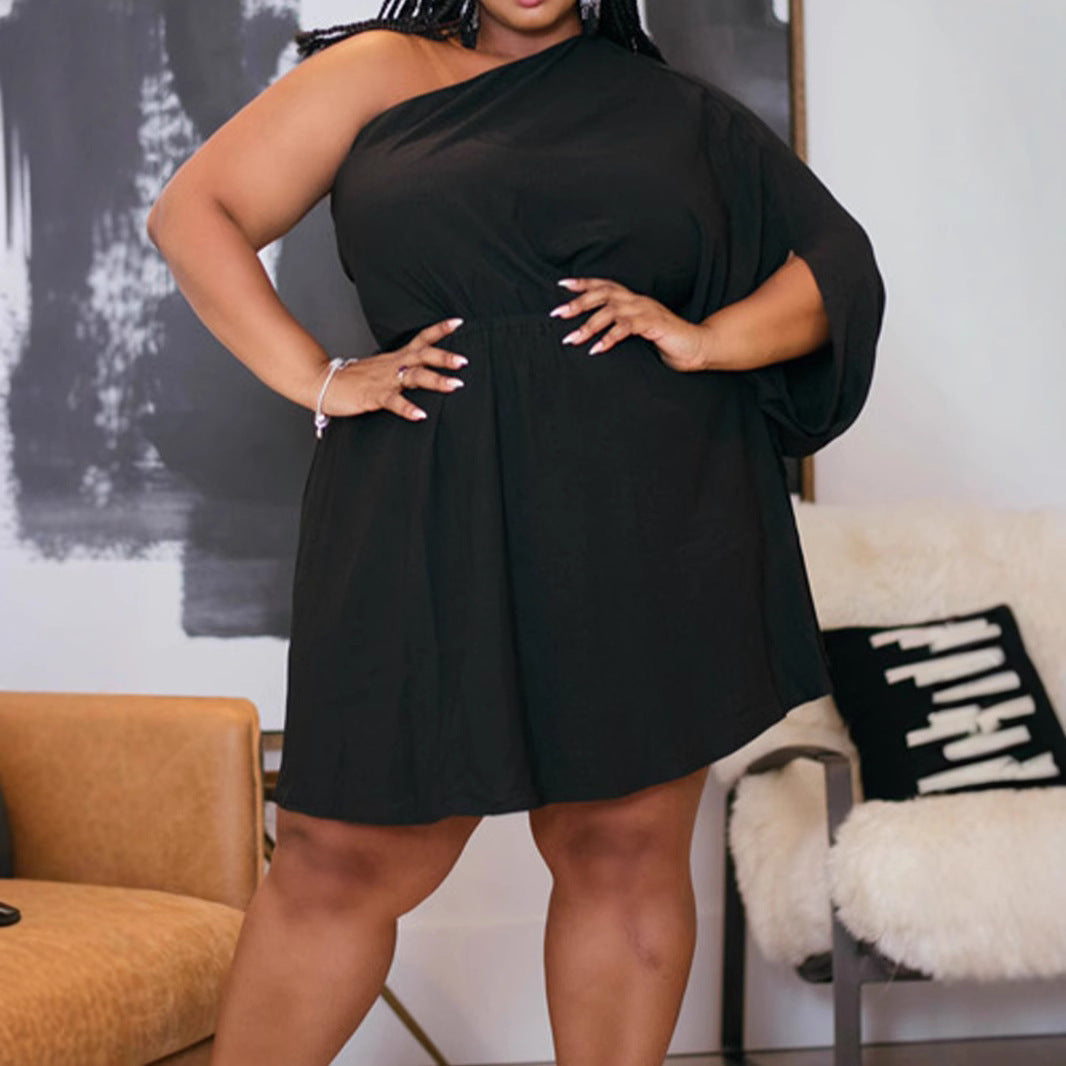 Plus Size Women Slash Shoulder Solid One Sleeve Dress 3