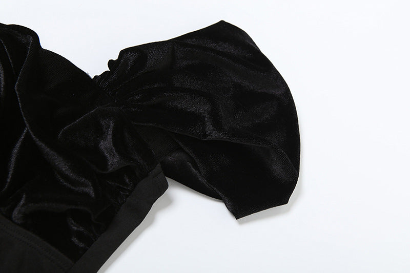 Lady's Spring Elegant Short Sleeve Hollow Velvet Bubble Dress 13