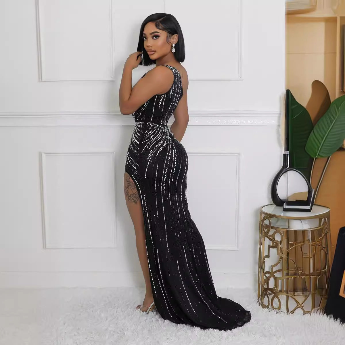 Women Elastic Beaded Sleeveless Slash Shoulder Slit Bodycon Dress 3