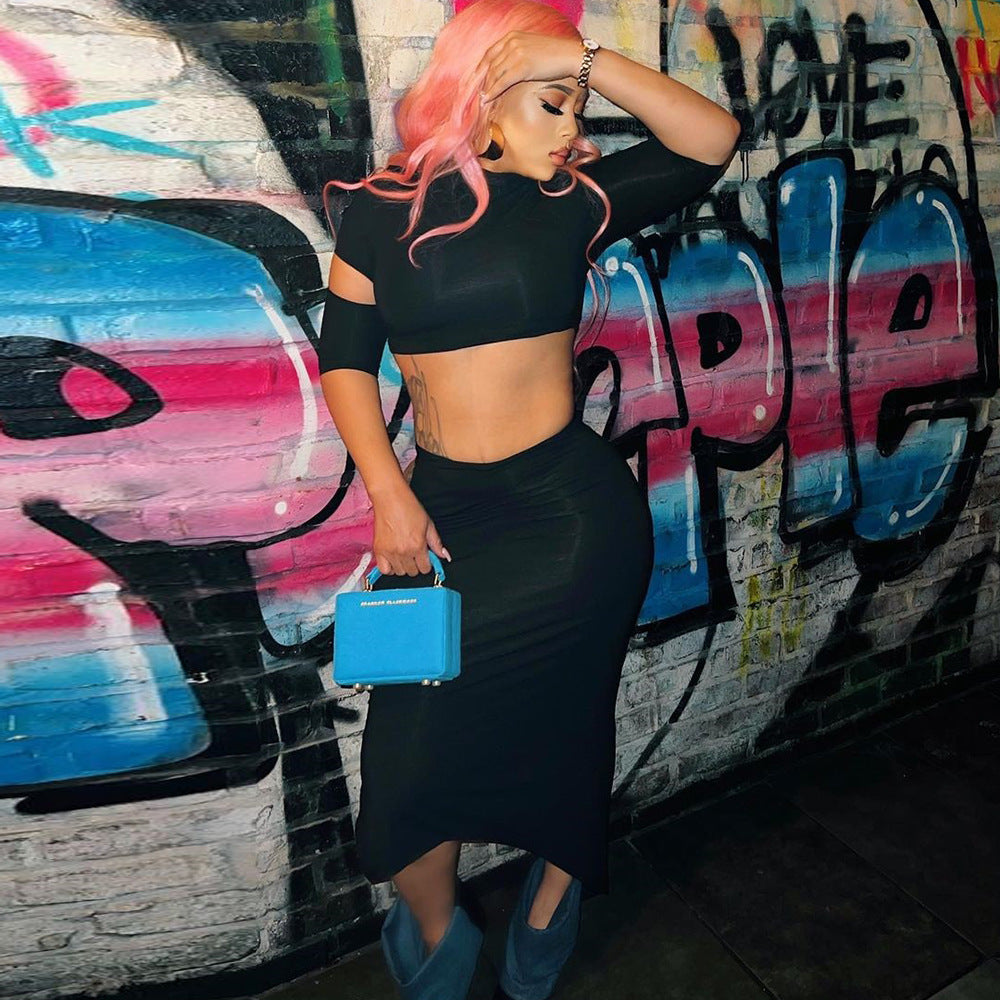 Women Trendy Style Hollow-Out Crop Top and Long Skirt Two-Piece Set 5