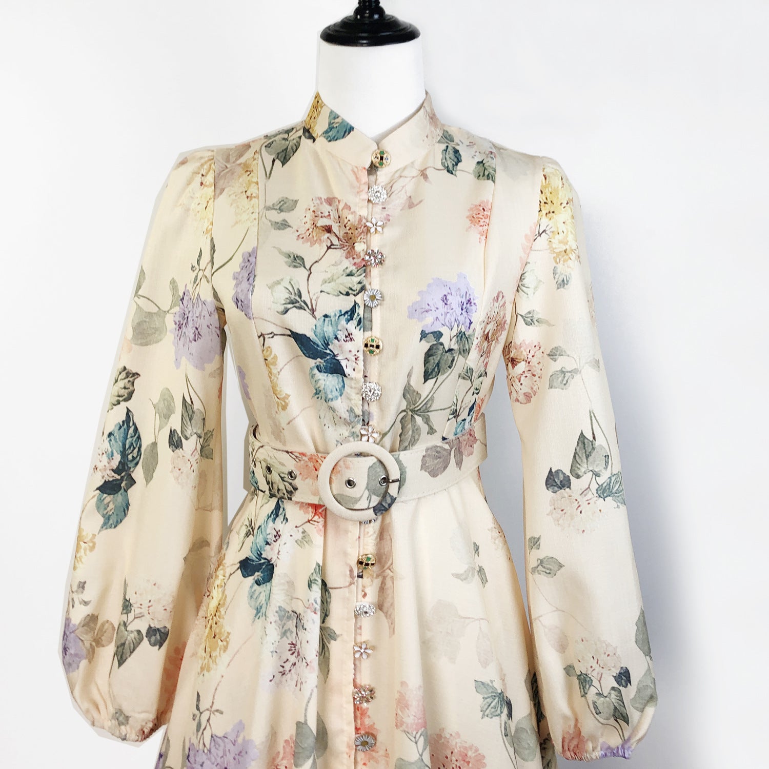 Elegant Print Row Jewelry Button Floral Lantern Sleeve Midi Dress with Belt 22