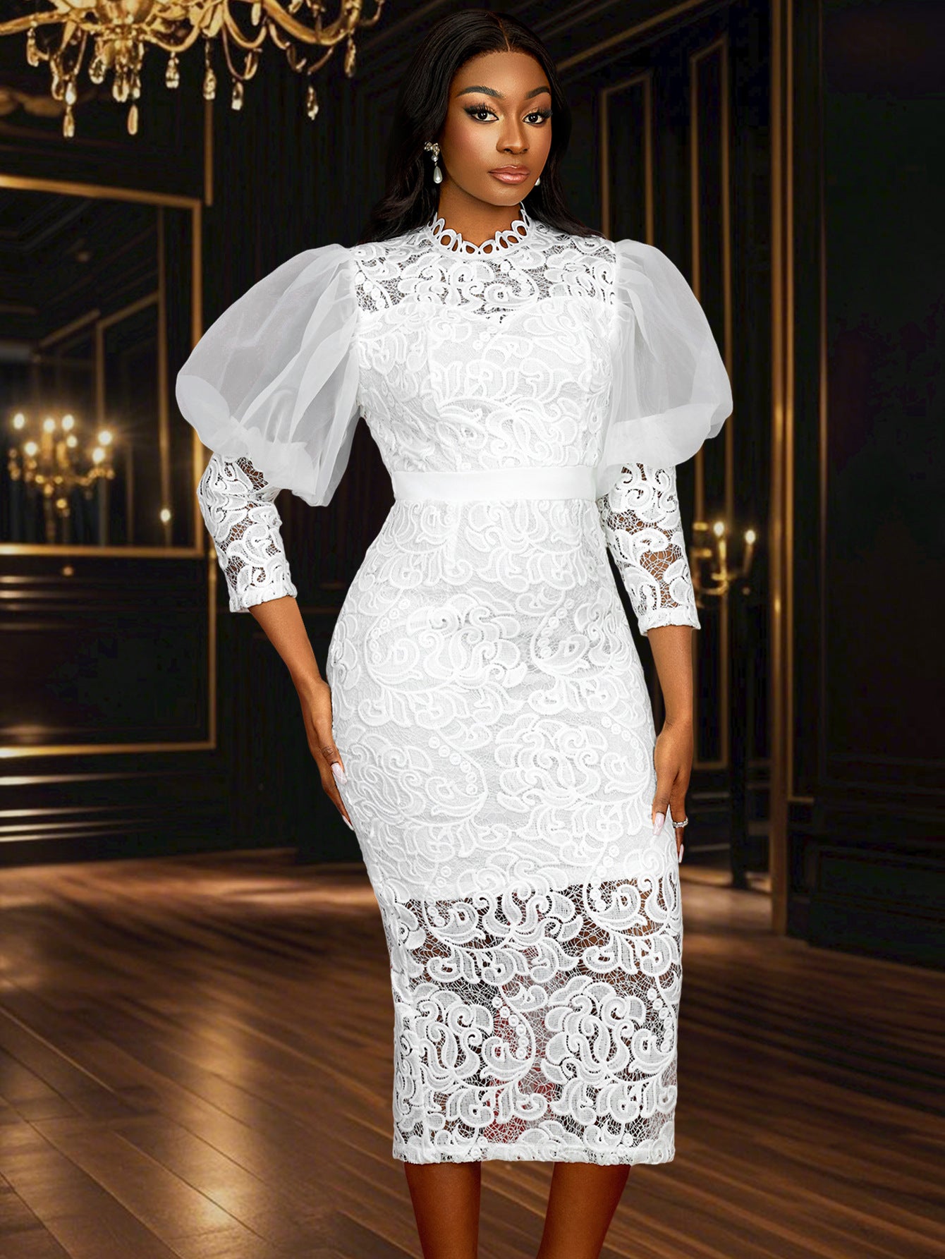 Lace Formal Party Puff-Sleeve Mid-Length Dress 6