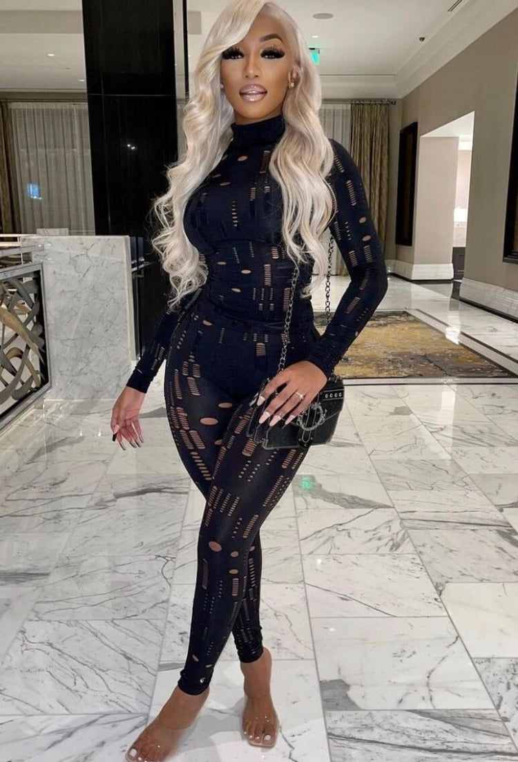 Spring Black Sexy Hollow Out Tight Top and Pants Two Piece Set 3