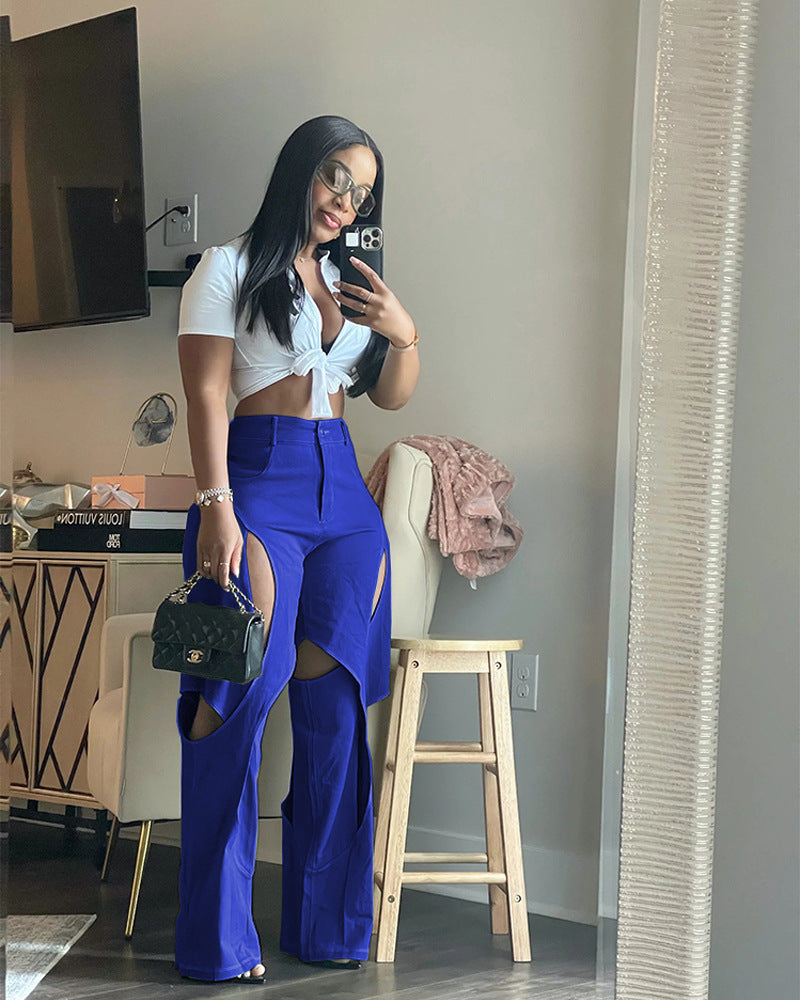 Women's Contrasting Lines Patchwork Cutout Casual Pants Trendy Wear with Loose Pants 9