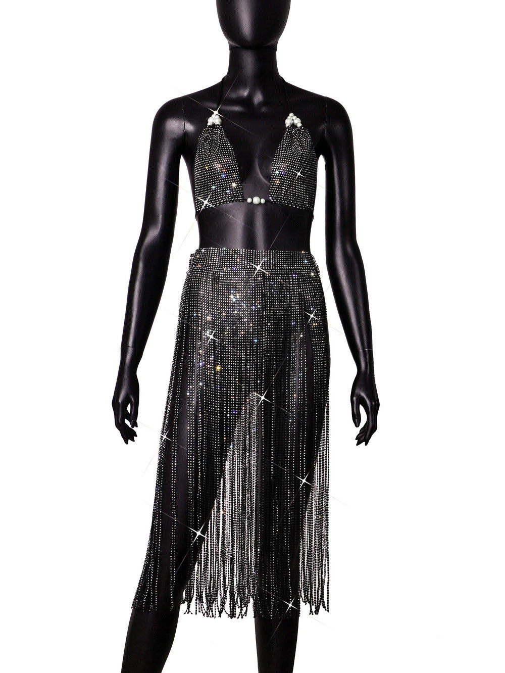 Strap Low Back Nightclub Sexy Fishnet Skirt Set 6