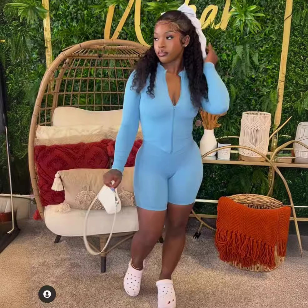 Women's Autumn Sports Casual Tight Fitting Slim Waist Solid Color Long-Sleeved Top Shorts Two-Piece Suit For Women 3