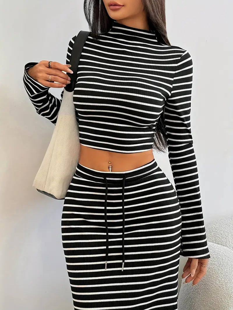 Women Solid Striped Half-Turtleneck Long-Sleeved Top and Skirt Two-Piece Set 4