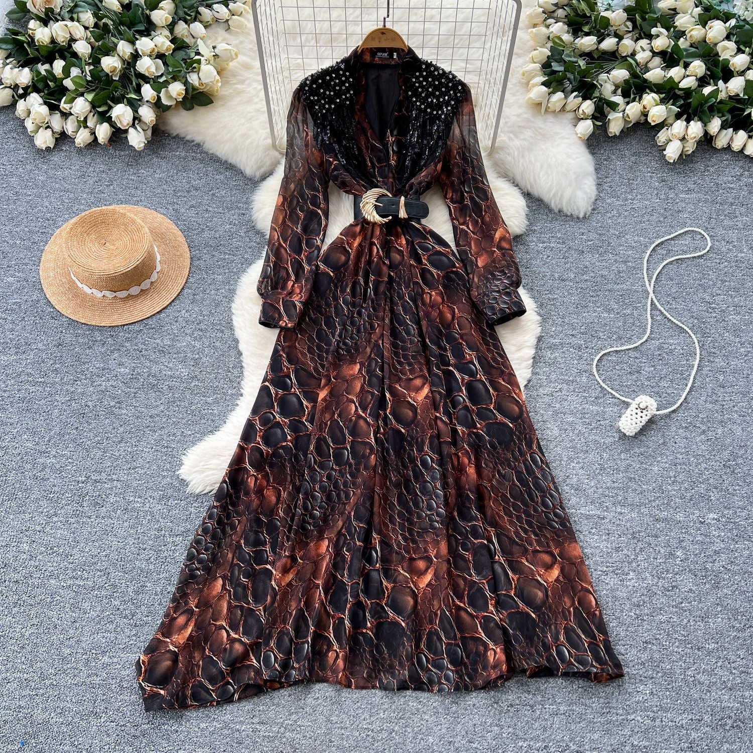 Fashionable Women's Beaded Sequin Embroidery V neck Slim Waist Long Sleeve Leopard Print Elegant Long Dress 4