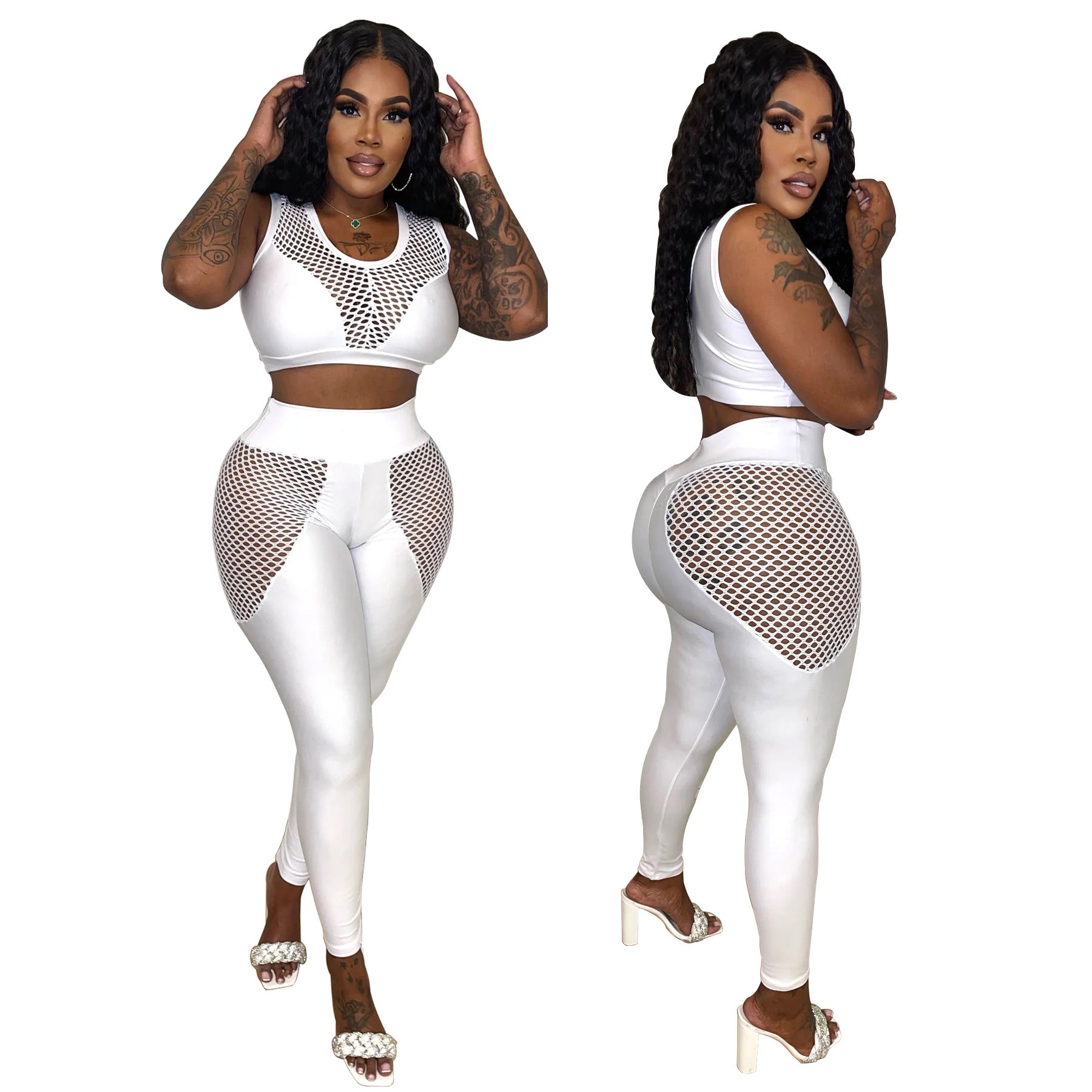 Hollow Mesh Hole See-Through Sexy Suit Mesh Patchwork Vest Trousers Two-piece Set 6