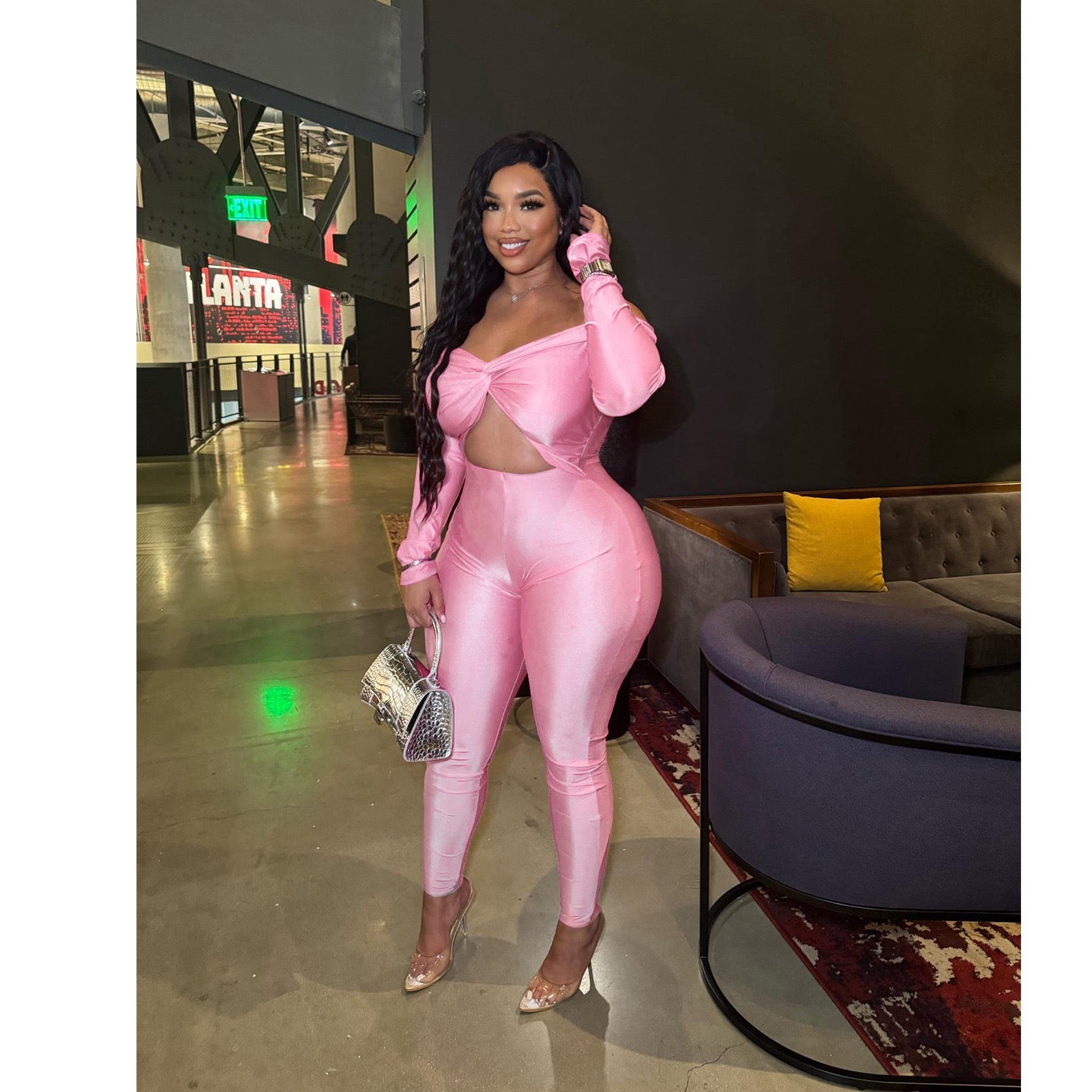 Sexy Women's Solid Color Off Shoulder Hollow Long Sleeve Tight Slim Jumpsuit 14