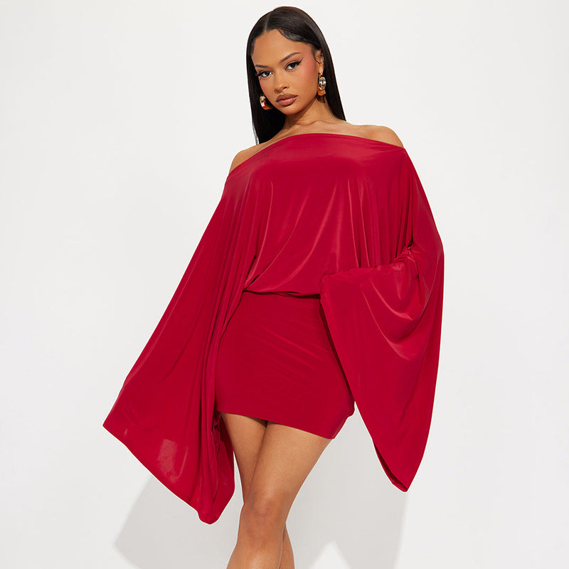 Women Off-Shoulder Bell Bottom Long-Sleeved Top and Skirt Two-Piece Set 3