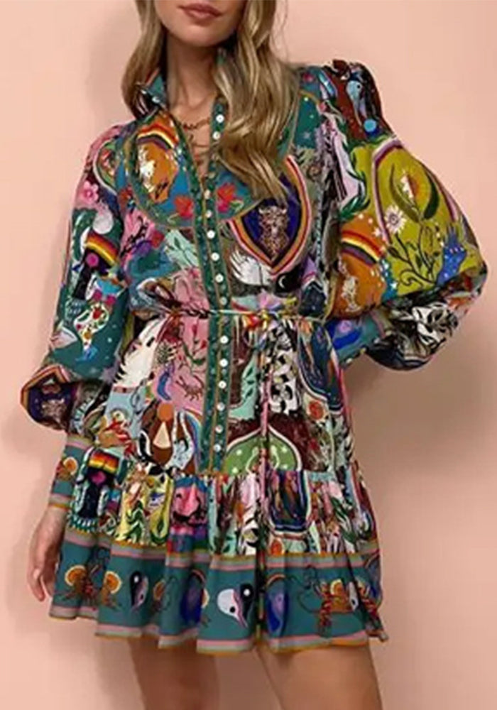 Women autumn print Round Neck lace pleated ruffle dress