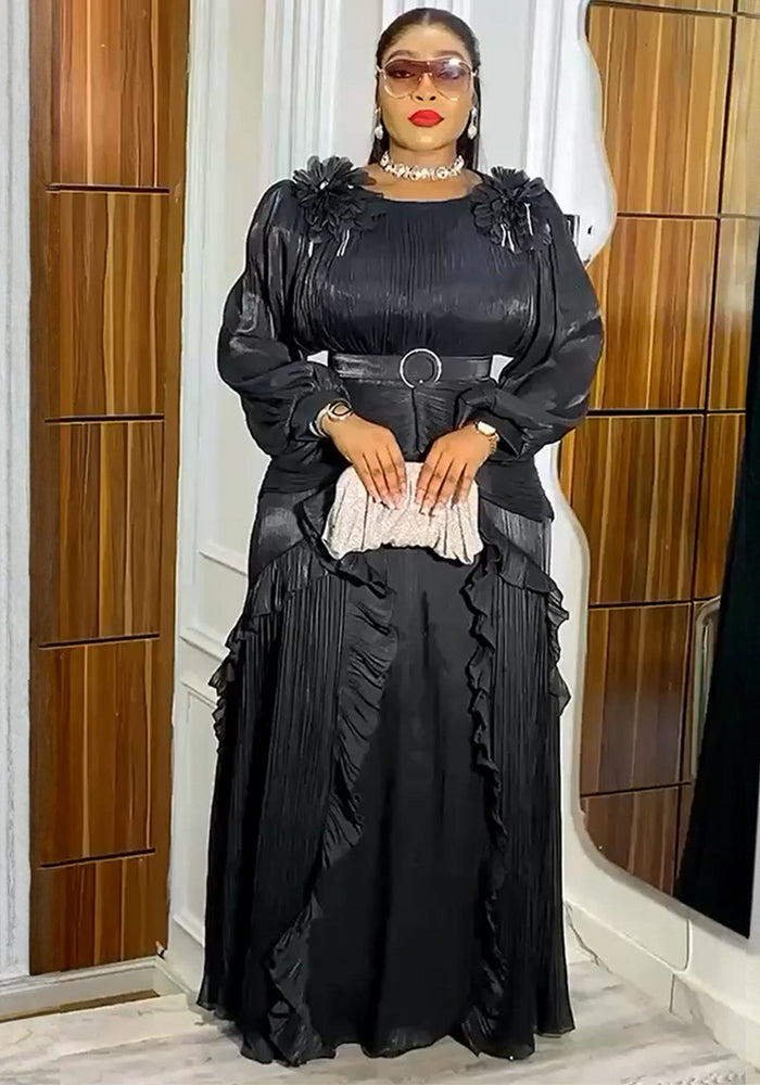 Plus Size African Women Floral Pleated Long-Sleeve Dress