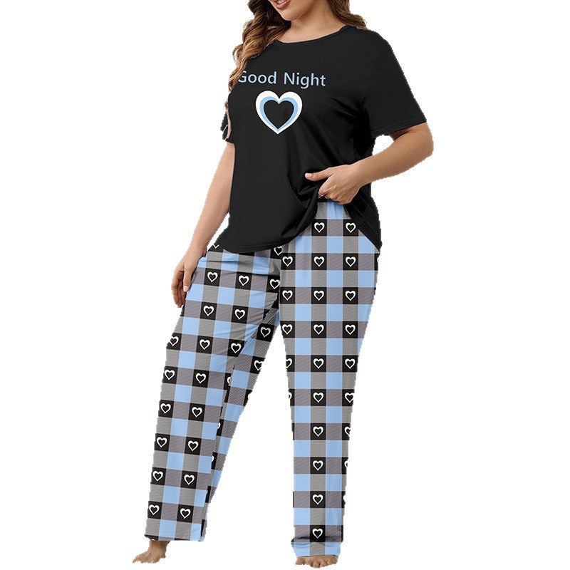 Heart Print Plaid Casual Loungewear Plus Size Pajama Set 8