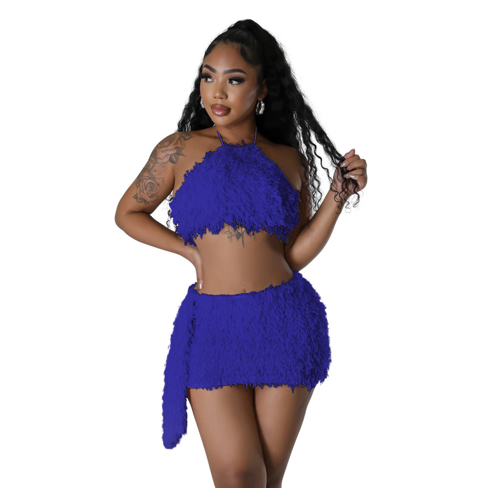 Fashionable Solid Color Halter Crop Top Mini Skirt Two-Piece Set