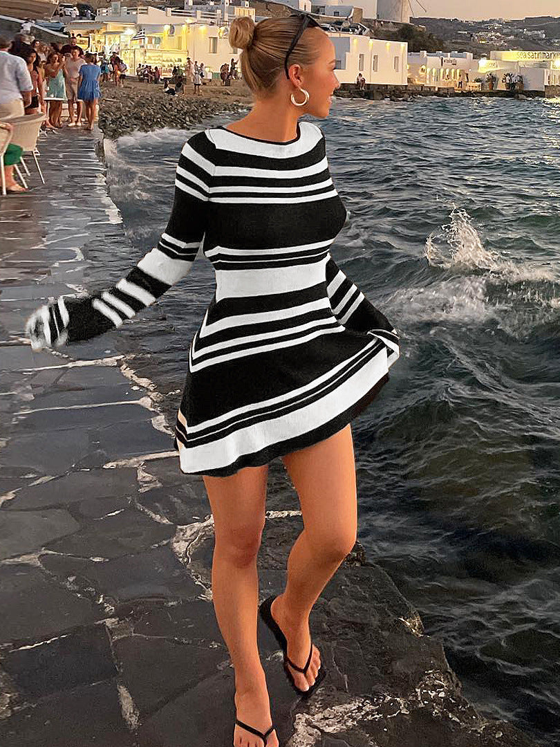 Women Knitting Stripe Bell Bottom Sleeve Tie Backless Sweater Dress 5