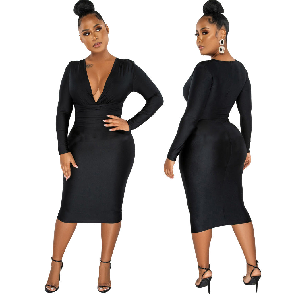 Women Sexy Solid Shiny Long Sleeve V-Neck Dress