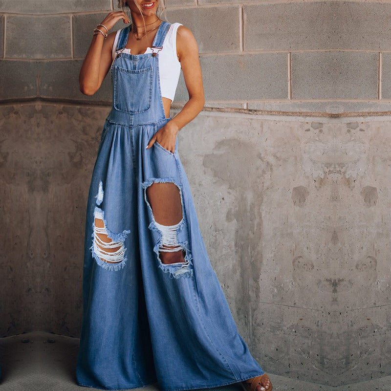 Fall Women'S Solid Casual Loose Ripped Denim Women'S Overalls Wide Leg Suspender Trousers