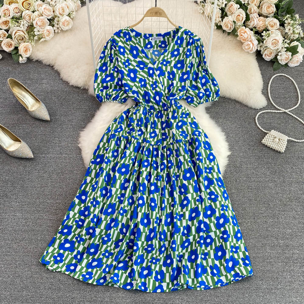 Women Summer V-Neck Puff Sleeve Floral Dress 6