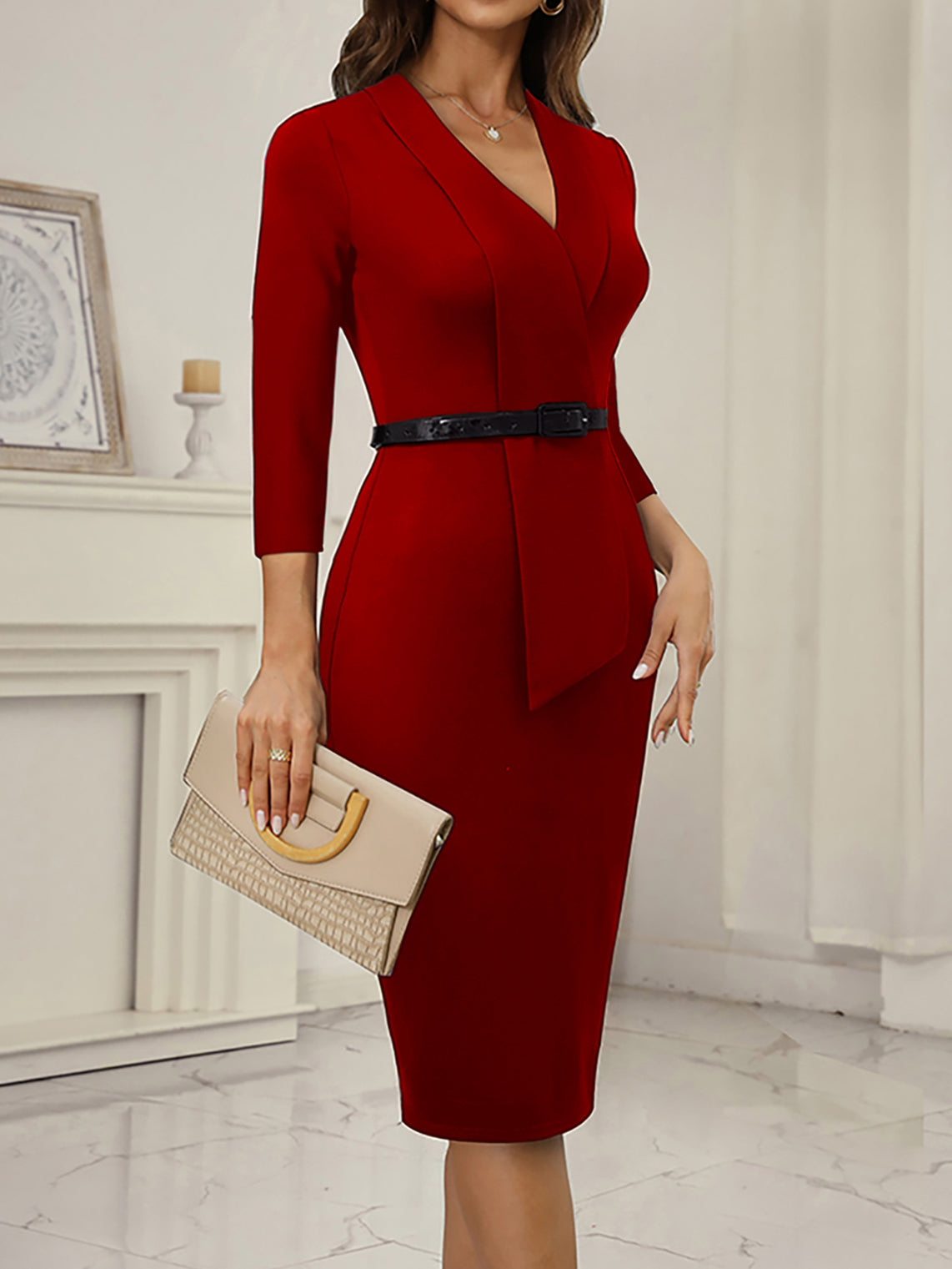 Fake Two-Piece Career Bodycon Fashion Dresses for Women Belt V-Neck Solid Color Dress 3