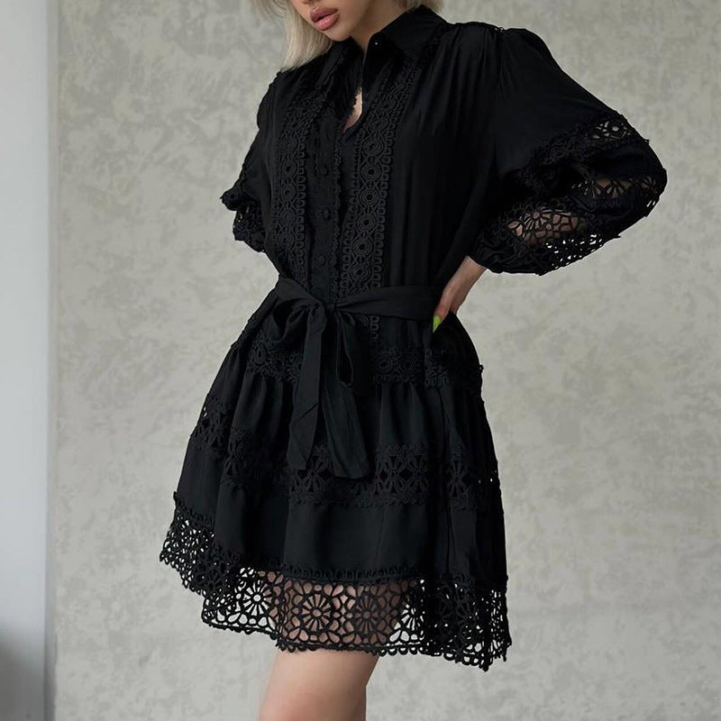 Women's Summer Chic Long Sleeve Hollow Belt Slim Waist Short Dress 6