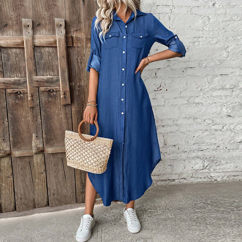 Spring Autumn Fashion Turndown Collar Button Denim Long Sleeve Long Dress 5