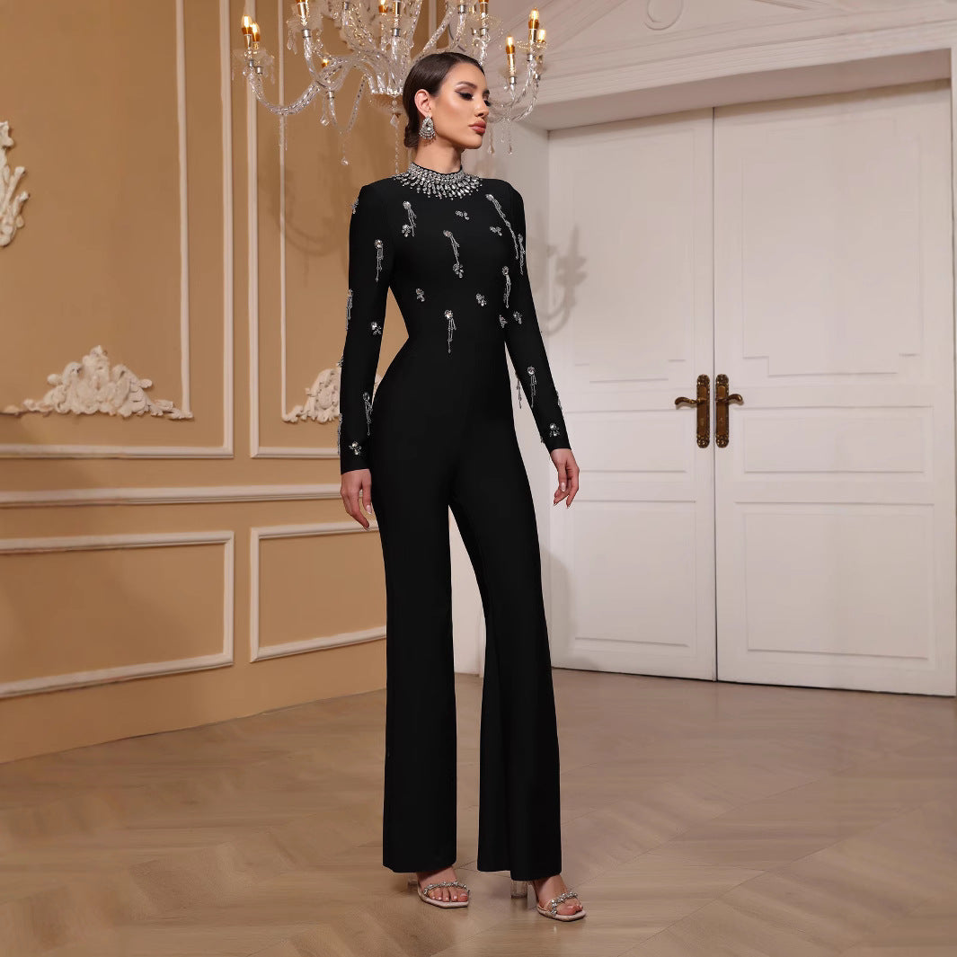 Women Black Long Sleeve Evening Bandage Beaded Bell Bottom Jumpsuit 3