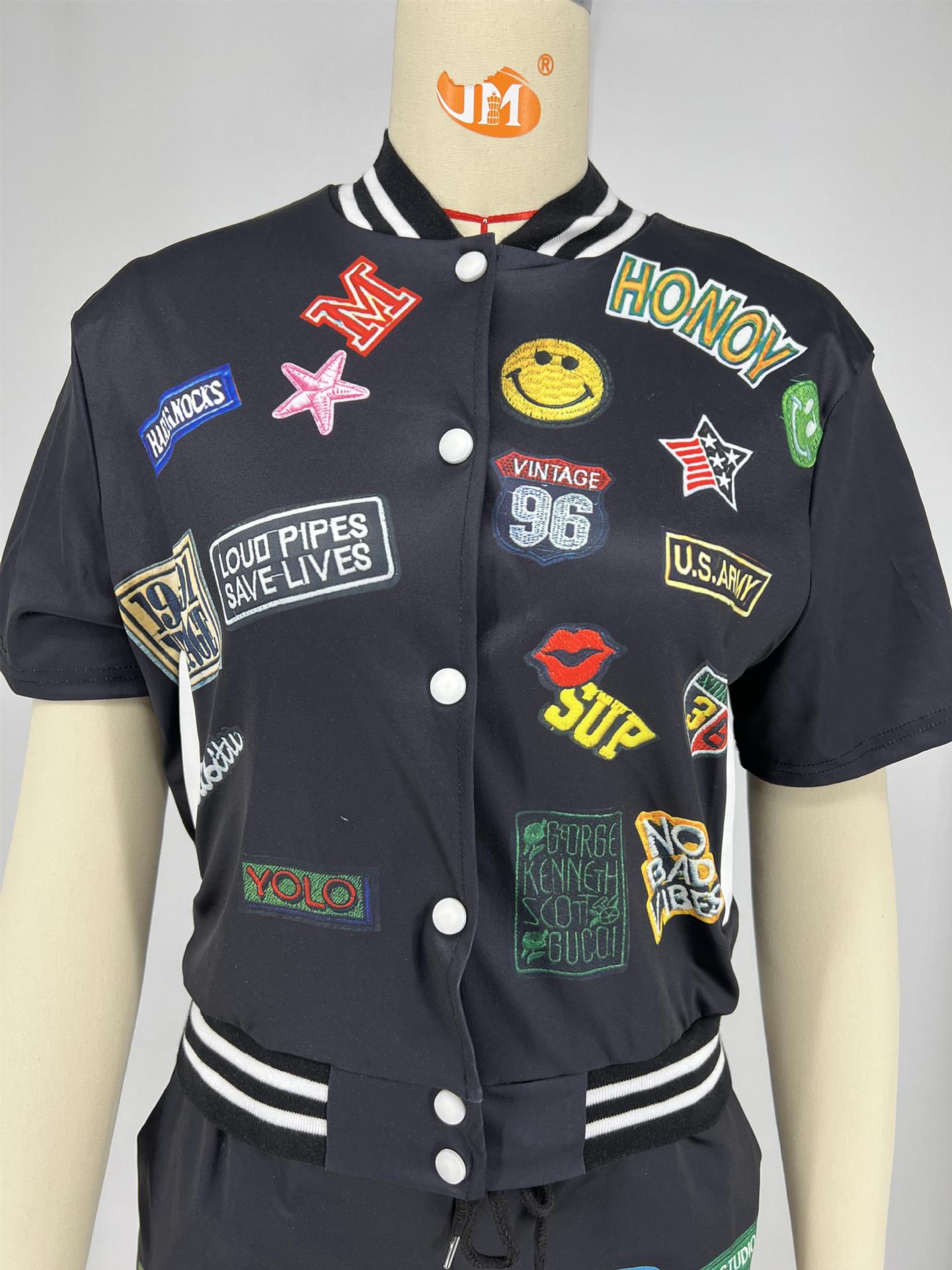 Badge Print Two-Piece Button Baseball Jersey Shorts Set Women 6