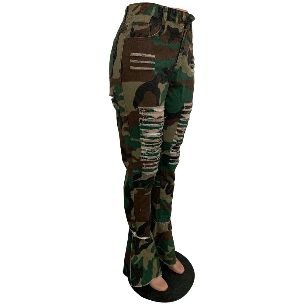 Women's Fringed Ripped Classic Denim Ruffle Trouser 37