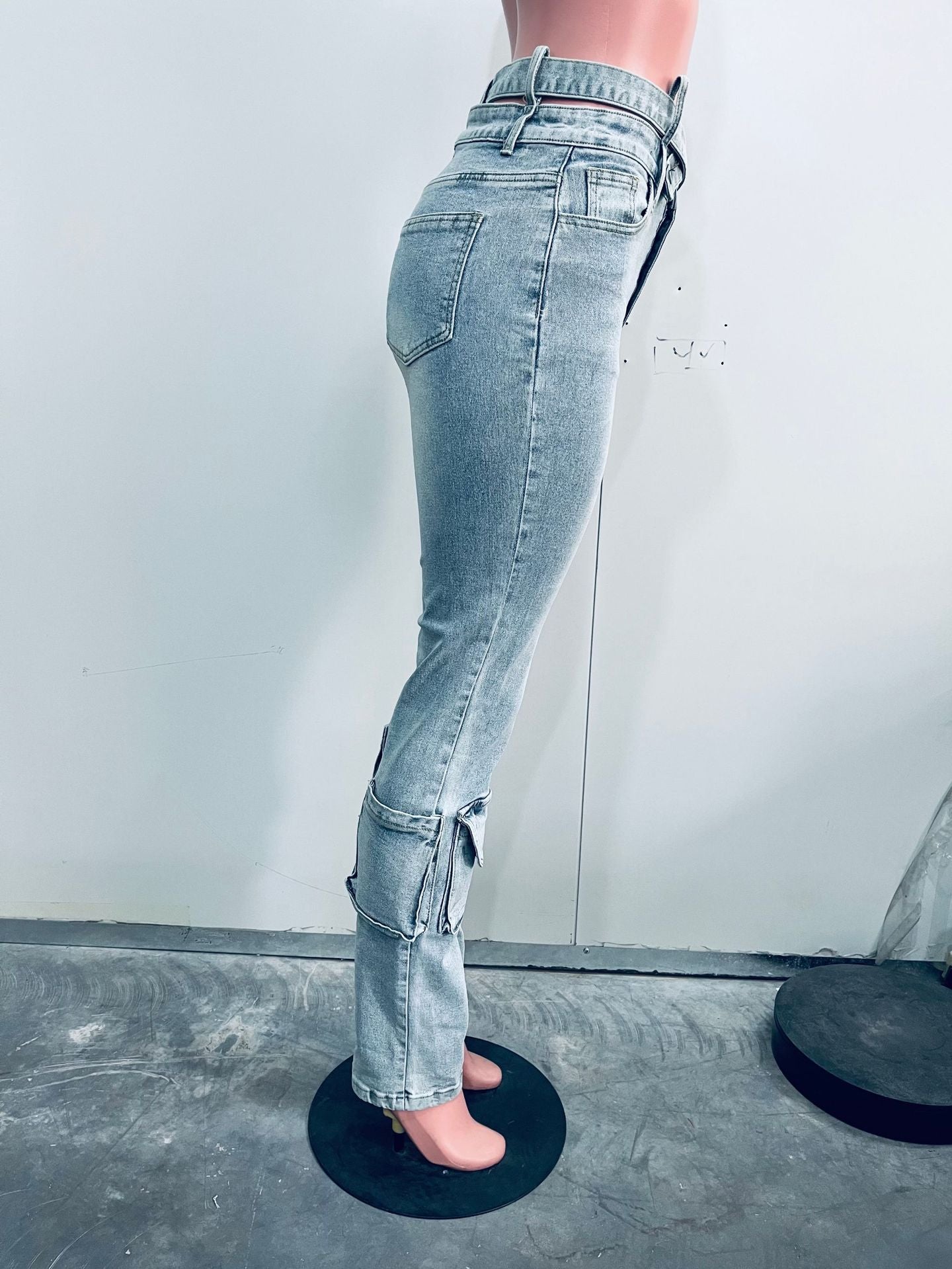 Women Fashion Double Waist Cargo Denim Trousers 10