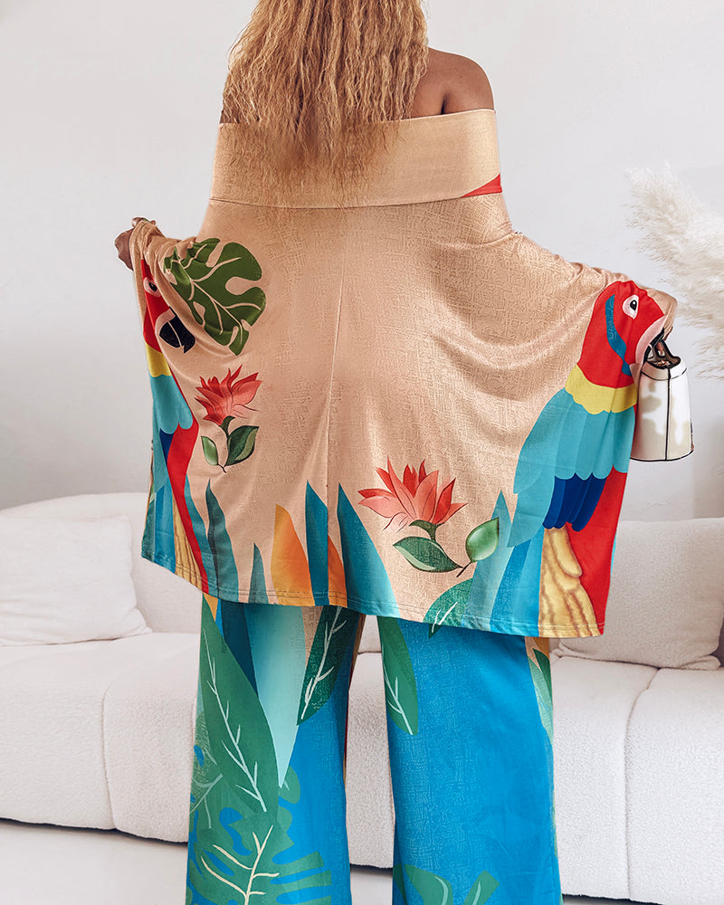 Women's Fashion Animal & Floral Print Bat Sleeves Loose Top Wide-Leg Pants Set 3